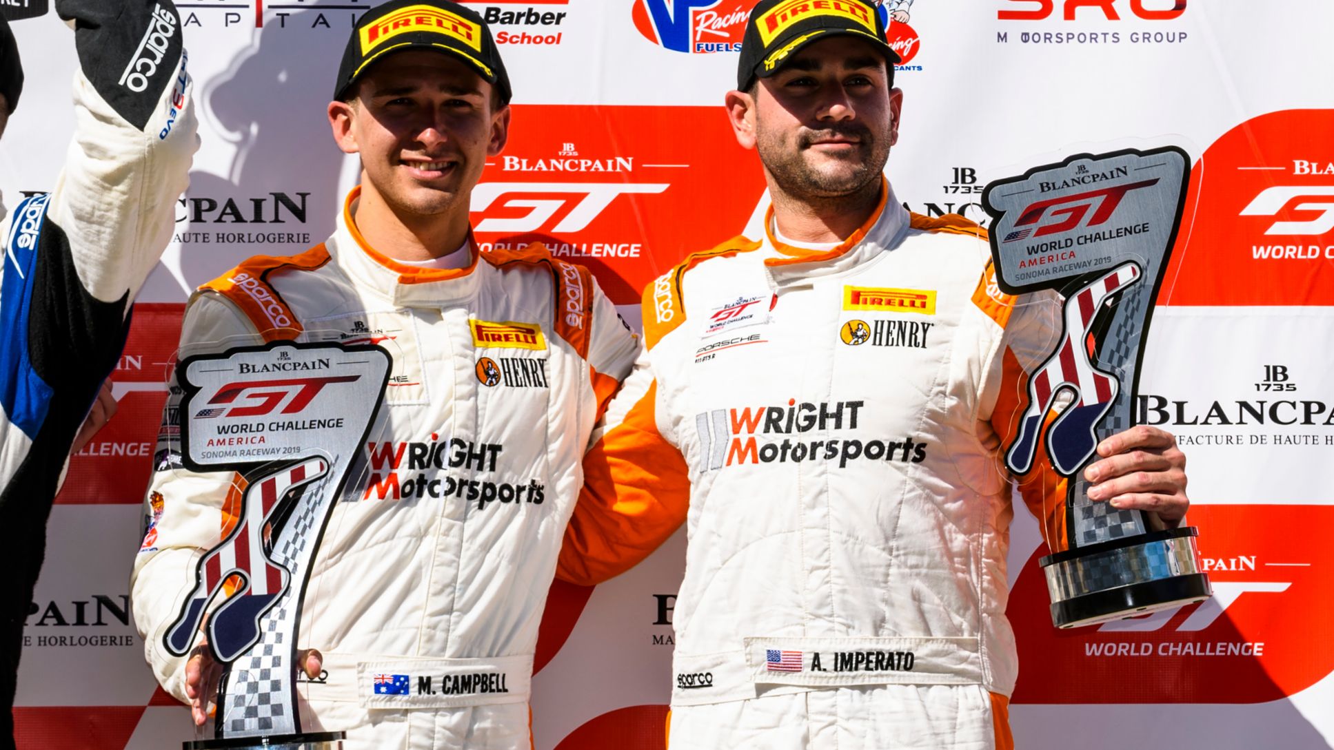 Matt Campbell and Anthony Imperato celebrate Wright second-place in Race 1 SRO GT World Challenge America at Sonoma